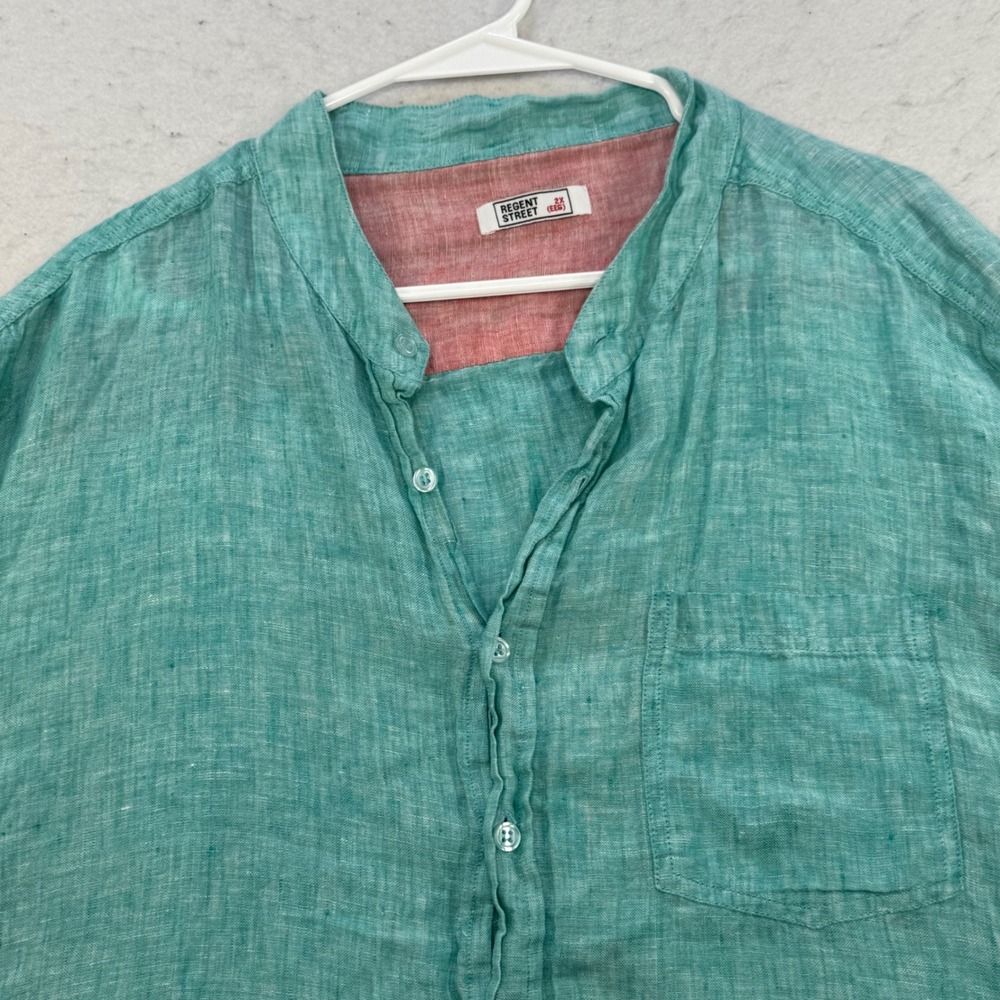 Regent Street Button Up Shirt Mens 2X Teal 100% Linen Band Collar Coastal beach - Picture 9 of 11